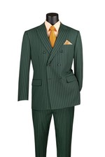 Hunter Green Vinci Men's 6 Button Striped Double Breasted Classic Fit Suit