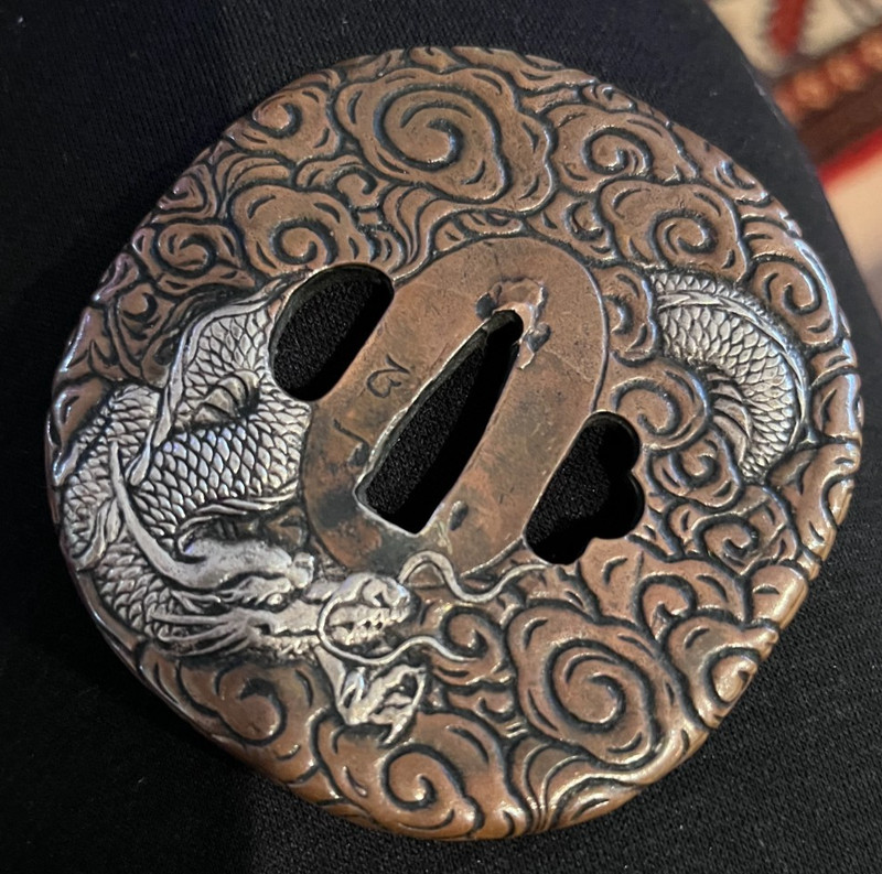 Antique Japanese Tsuba Dragon Emerging from Clouds