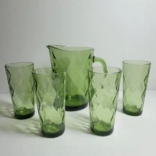 Vintage Brockway Glassware 5 Piece Set Pitcher Glasses Viva Green Diamond Optic