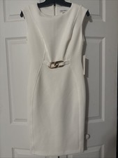 NWT Calvin Klein PetiteWhite Cream Sheath Dress Gold Hardware Sleeveless Size 4P