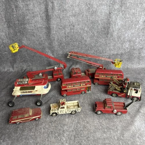 Vintage Corgi Diecast Car Lot Of 9 Fire Truck Lunar Bug Bus Tow Safari Truck
