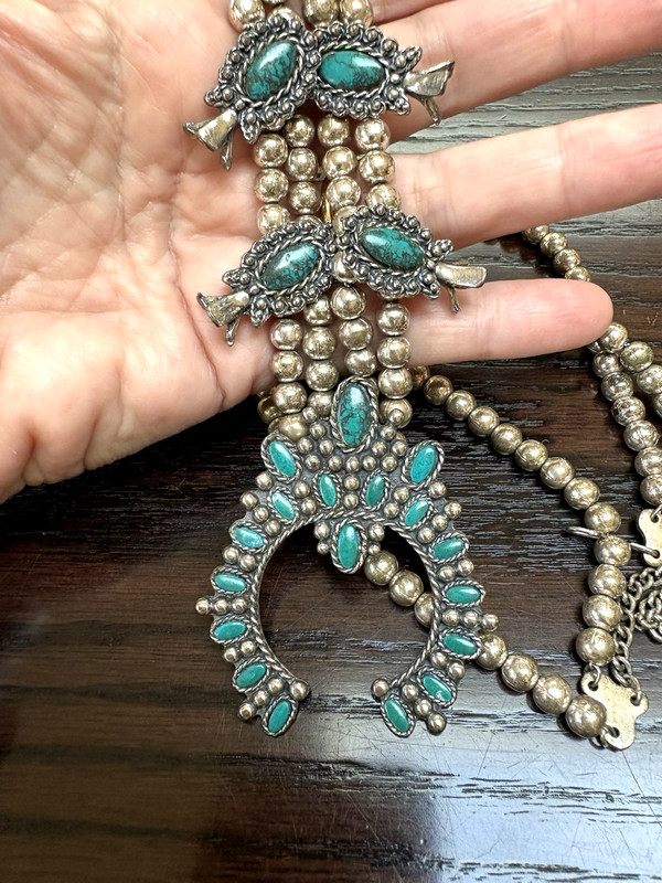 Vtg SANCREST South Western Squash Blossom Necklace Faux Turquoise 24 inches long
