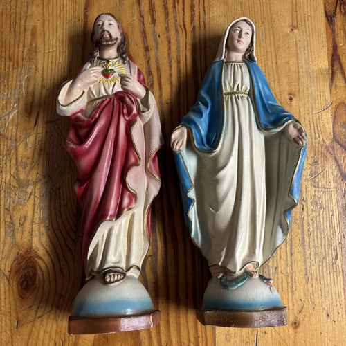 Jesus Virgin Mary Sacred Heart By Unbreakable Sacred Statues Italy Vintage 11”