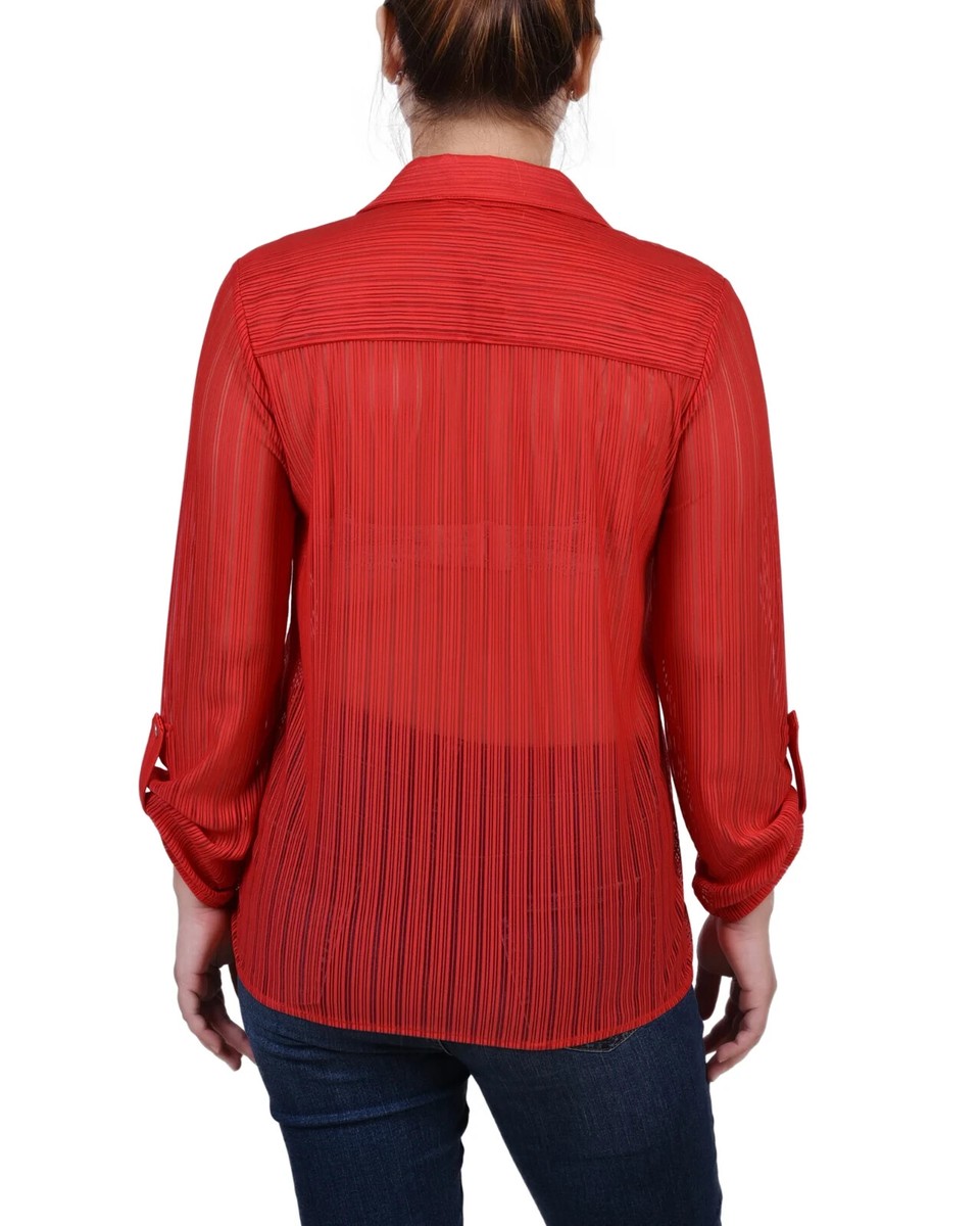 NY Collection Petite Long Roll Tab Sleeve Burnout Knit Top