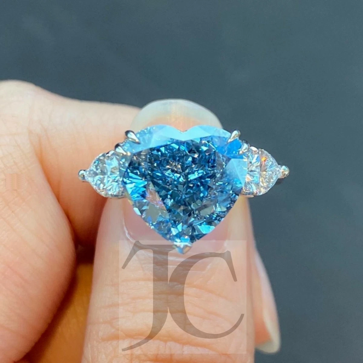 50 Ct Aqua Blue Heart Diamond 14K White Gold Finish 3 Stone