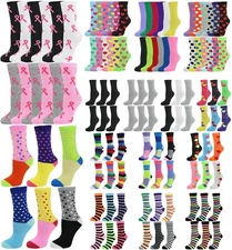 Lot 12 Pack or 6 Pair Women's Cotton Colorful Dots Stripes Argyle Crew Socks
