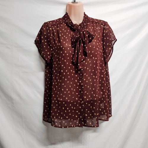 Pleione Mock Neck Top Blouse Shirt Women Size S Brown Sheer