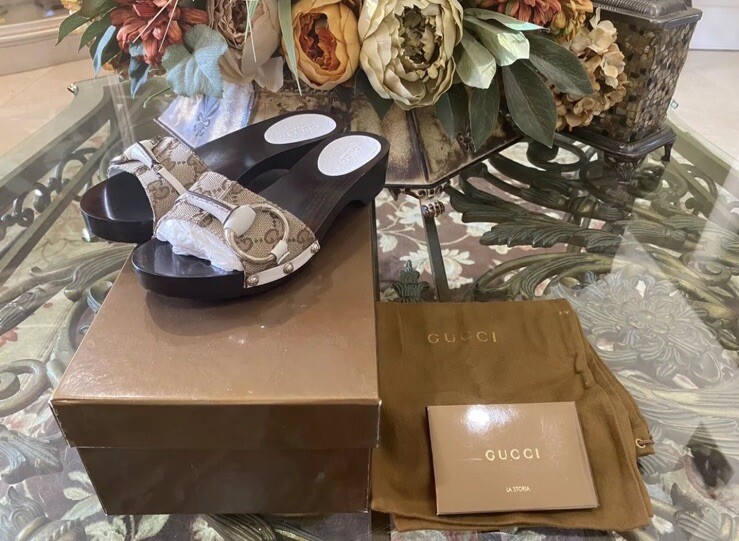 Gucci GG canvas horsebit wooden sandal Size 35.5/5.5 MADE IN ITALY