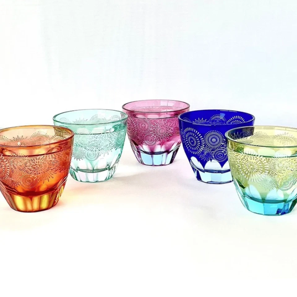 Fireworks Illuminated Edo Kiriko Glass Set-Whiskey & Cocktail Glasses, 5-Color - Image 4 of 4