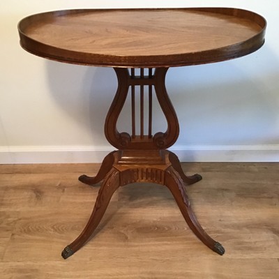 Antique Lyre Harp Pedestal Oval Top Bronze Claw Feet Table Cognac Color Wood Ebay