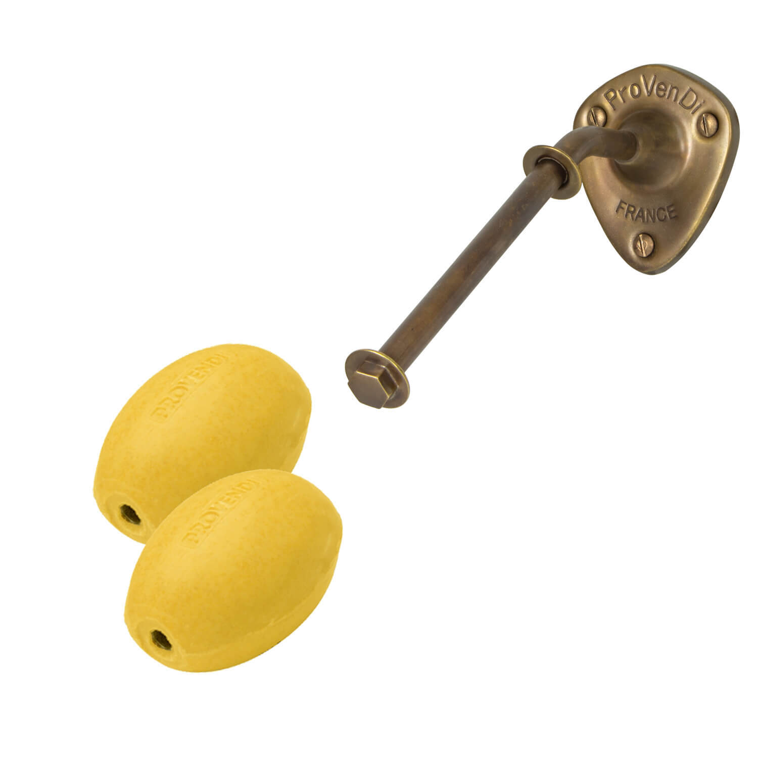 Porte-savon vieux bronze Provendi et ses 2 savons rotatifs jaunes artisanaux