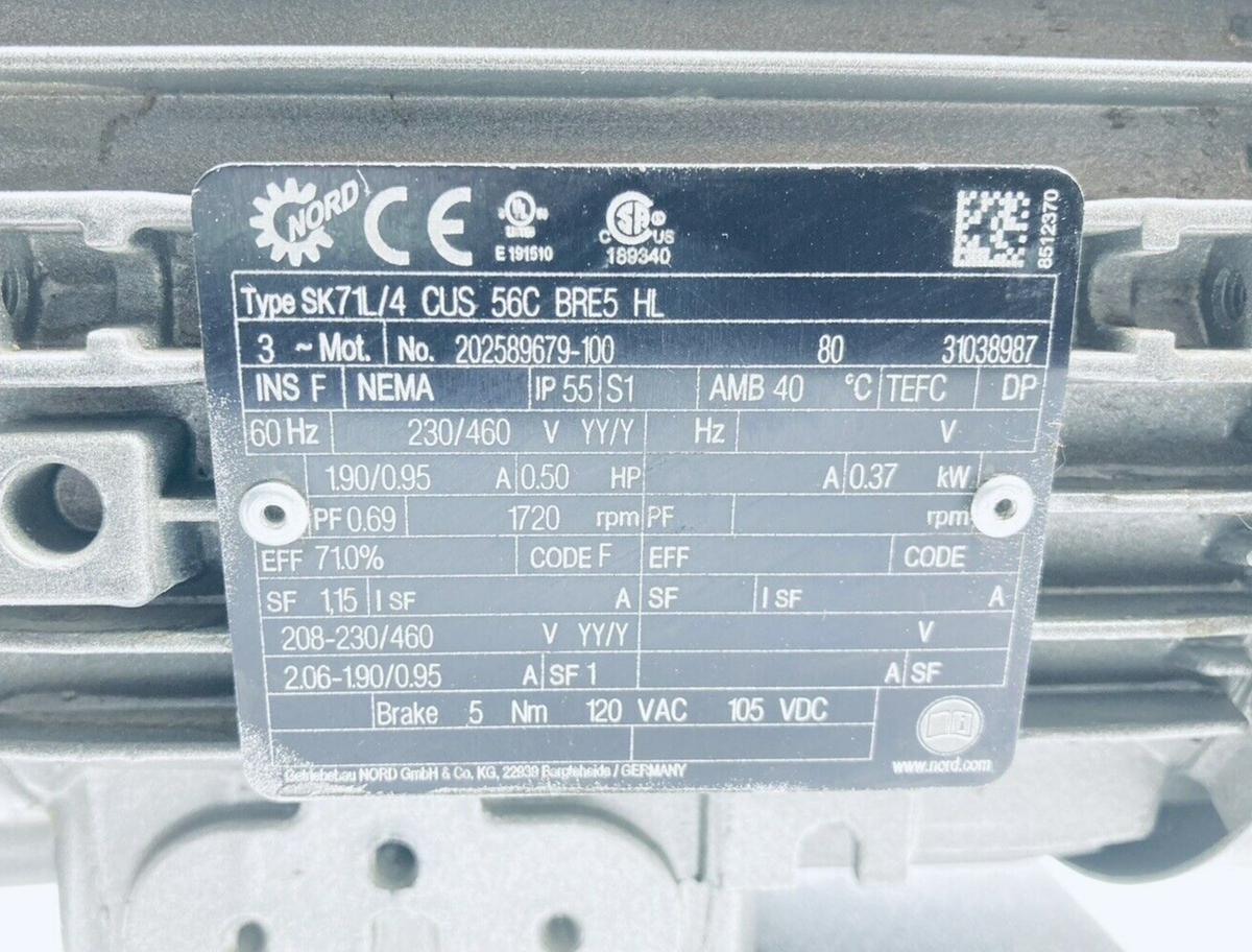 NORD SK71L/4CUS 56C BRE5 MOTOR 1/2HP 230/460V 3PH W/ KELTECH NORD SK71L/4CUS 56C BRE5 MOTOR 1/2HP 230/460V 3PH W/ KELTECH