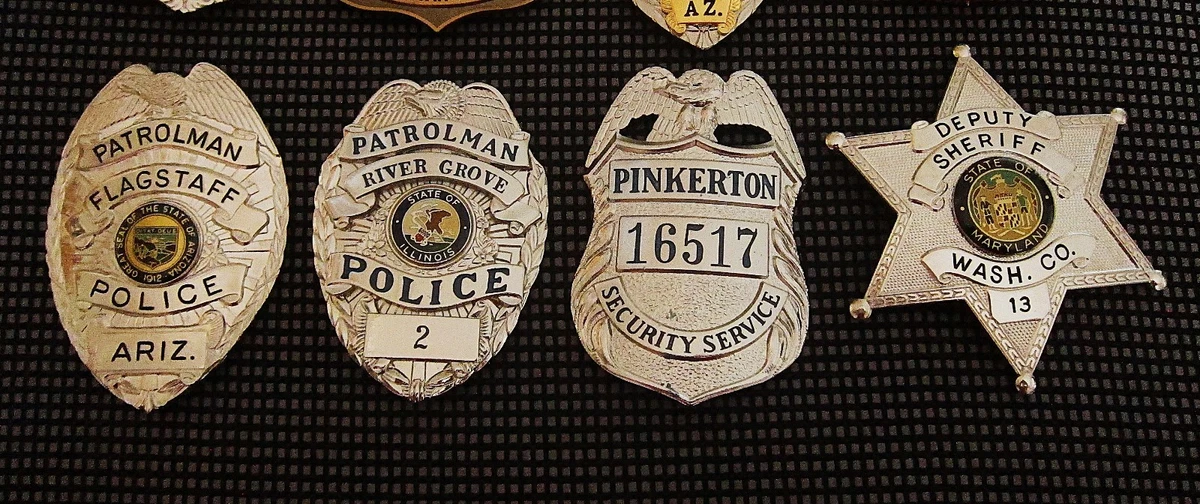 Obsolete police badge, choose 6 x badges / 6 Abzeichen von 8 auswählen, Offer