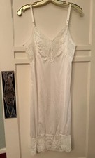 Vintage White Nylon Lace Trim Pearl Bow Full Length Slip 17  Pit To Pit S/M