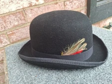 Jaxon Men XL Black  English Wool Derby Bowler Hat Feather New 🚫Tag 🆓️🎁W/Purch