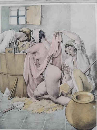 BRUNELLESCHI CURIOSA ENGRAVING VELVET COLORS YOUNG WOMAN COURTESAN B04