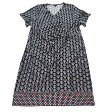 Talbots Dress Womens 2X Black Medallion Print Knit Jersey Faux Wrap Stretch
