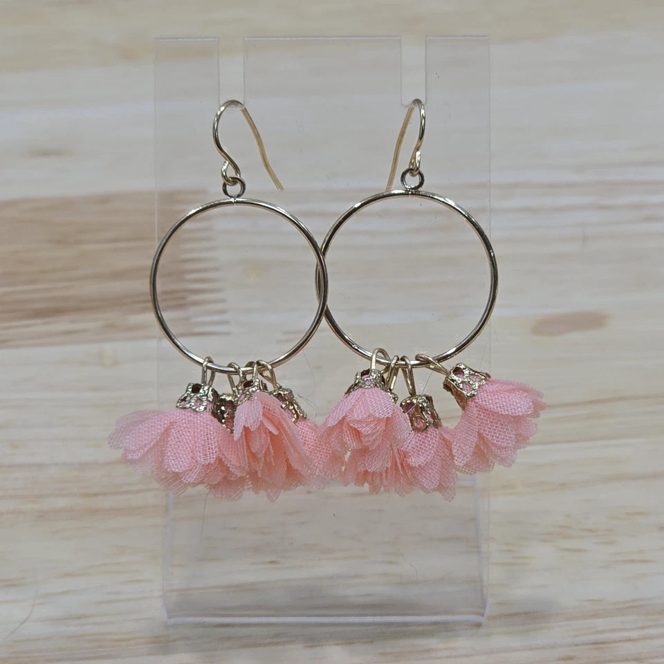 Pendientes colgantes aro tono dorado gota borlas flor melocotón gancho francés núcleo de niña  Foto 4 de 4