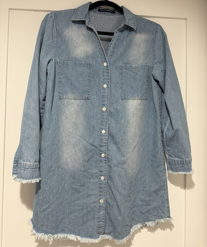 ZILCREMO Blue Denim Collared Button-Up Tunic Top Fringe Hem 3/4 Sleeve Sz S