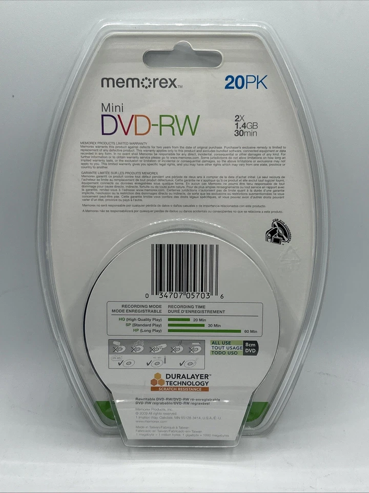 Memorex Mini DVD-RW 20 Pack 1.4 GB 30 Min Single Sided Camcorder Disc New Sealed - Image 2 of 2