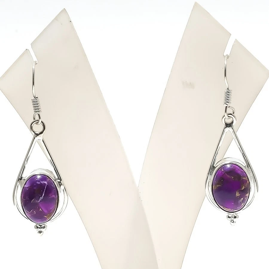 Natural Copper Turquoise Gemstone Handmade 925 Starling Silver Earring Sz 1.9" - Image 1 of 1