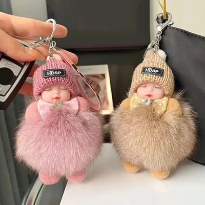Sleeping Baby Keychain Cute Fluffy Plush Doll Girl Bags Keyrings Cars Key Ring