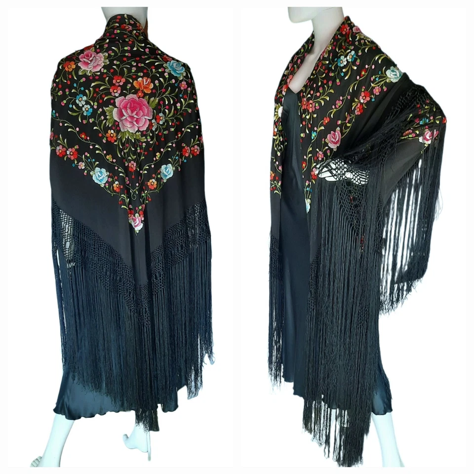 Mantón de piano de seda bordado de colección 50"x50"+24" flecos anudados a mano negro/multi Foto 4 de 4