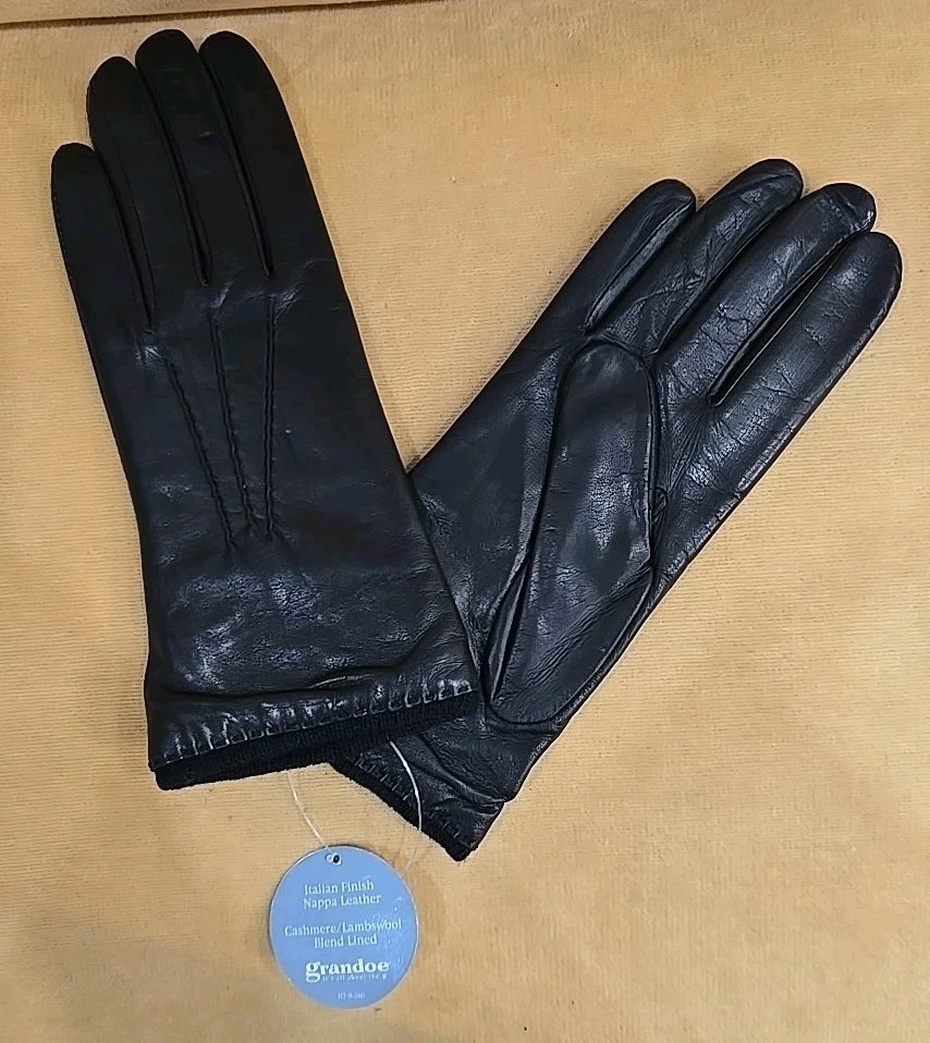 NEW Grabdoe Black Italian Finish Leather 9.5" Long Gloves Sz L Cashmere Lined