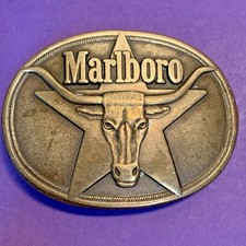 Vintage Marlboro Longhorn Oval Belt Buckle Solid Brass 1987 Philip Morris Cowboy