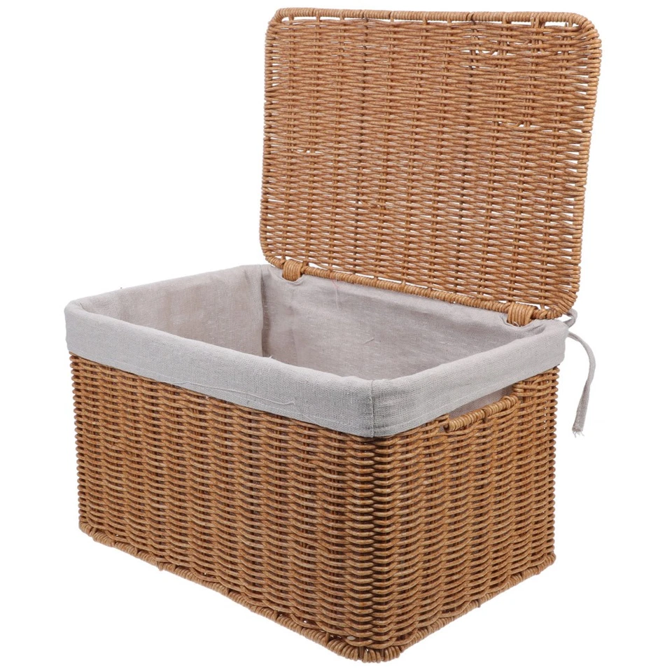 Magazine Rack Rattan Basket with Lid Decorative Storage Dirty Clothes Hamper - Image 3 of 4