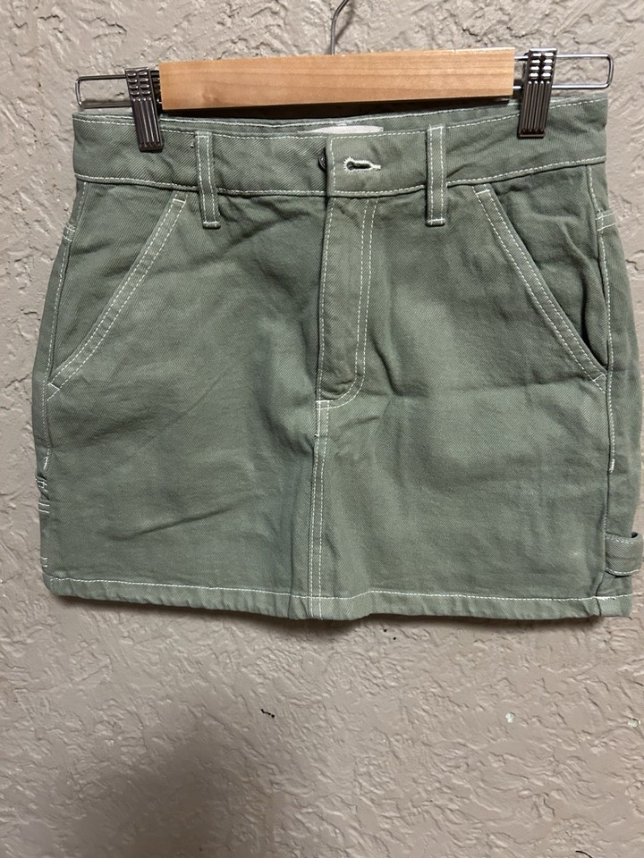 Cotton On Women’s Green Denim Cotton Cargo Mini Skirt Zip Pockets Size 8