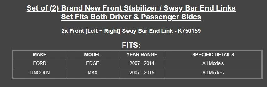 KIT DE ESLABONES DE EXTREMO DE BARRA ESTABILIZADORA DELANTERA NUEVOS 2 PIEZAS Se adapta a Lincoln MKX 2007 2008 2009-2015 Foto 2 de 4