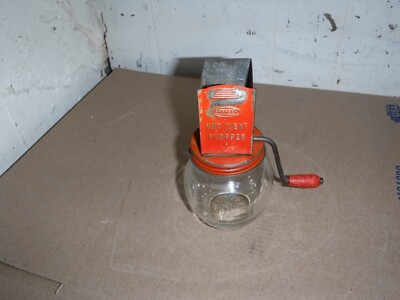 Vintage ANDROCK Nut Meat Chopper HAZEL-ATLAS Glass Jar Great Red Retro Look