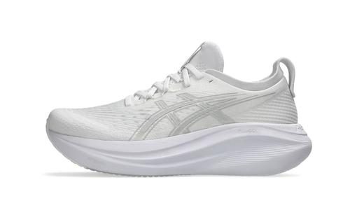 Zapatillas para correr ASICS GEL-NIMBUS 27 1011B958 100 blancas/gris glaciar nuevas en caja - Imagen 10 de 14