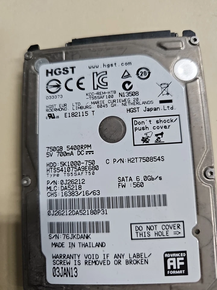 HGST 5K1000-750 5400RPM 3Gb/s 750GB HDD HTS541075A9E680 Wiped And Tested - Image 3 of 4