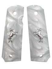 1911 Grips Full Size,White Pearl with Silver Horse,Fits Colt,Kimber,Springfield