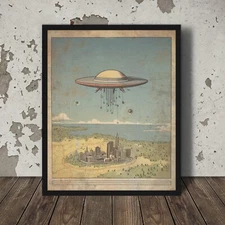 Vintage UFO Nautical Wall Art, Alien Abduction Poster, Retro Sci-fi UAP Decor