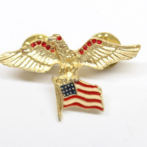 Eagle USA Flag Pin Brooch Red Rhinestones Gold Tone Lapel Enamel ...