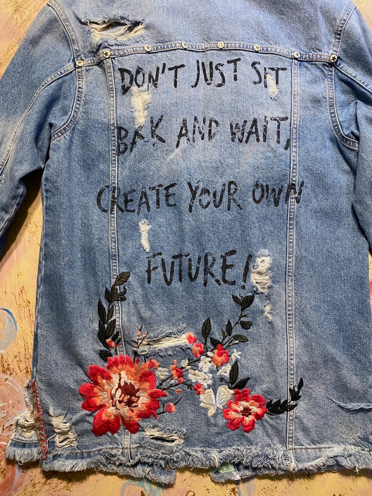 Bershka Vintage Denim Embroidered Jacket (CUSTOM) Women's size L image 4