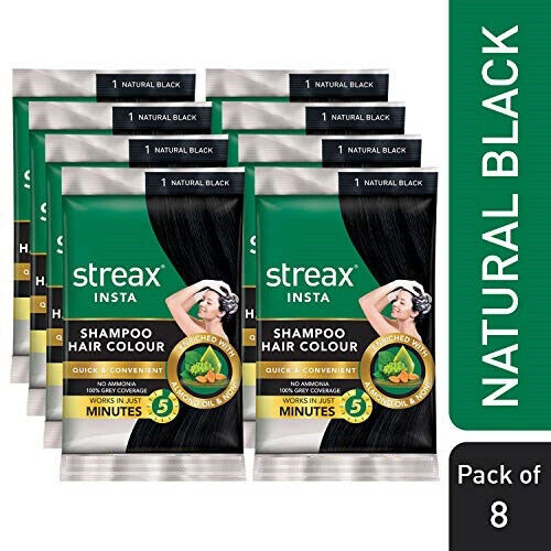 Streax Insta Shampoo Hair Color Unisex Long-Lasting Natural Black Set of 8 - Picture 1 of 13