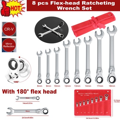  8Pcs Metric Flexible Head Ratcheting Wrench Socket Spanner Tool w/ Bag 8-19MM