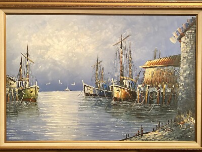 Original Extra Large Textured O/C ''Fishing Boats At Rest'' By D. Ferry, Signed!