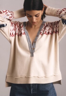 Anthropologie Pilcro Crafted Button Front Pullover Hooded Print Lace Cream S NWT