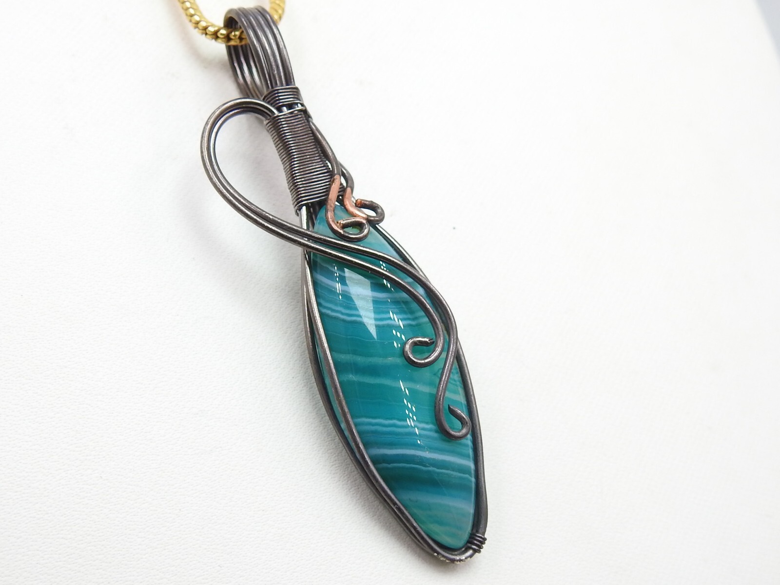 Green Strip Agate Brass Pendant Silver Oxidised Polished Wire Wrapped Jewelry