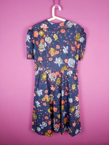 VINTAGE 70s 80s Blue Floral Flare Knee Retro Midi cottagecore Dress Medium 12 14 - Picture 9 of 10