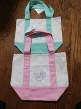 Trader Joe's Mini Pastel Canvas Tote Bag Set Of 2 Colors Pink&Green