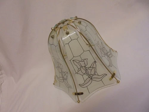 VINTAGE TIFFANY ART NOUVEAU STYLE FLOWER & BRASS BELL PENDANT GLASS LAMP SHADE
