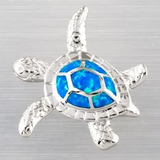 Hawksbill Sea Turtle Ocean Blue Fire Opal Silver Jewelry Necklace Pendant