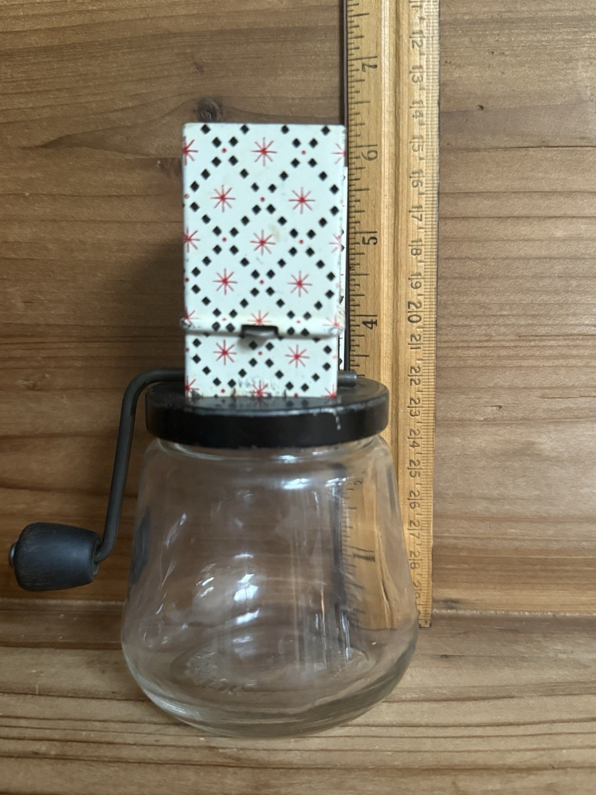 Vintage Androck #49 Nut Grinder Chopper Glass Jar Starburst Red Made In USA