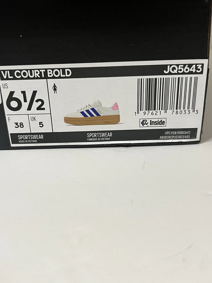 Adidas Mujer VL Court Bold # JQ5643 Talla 6 1/2 Blanco Azul Rosa Foto 2 de 4